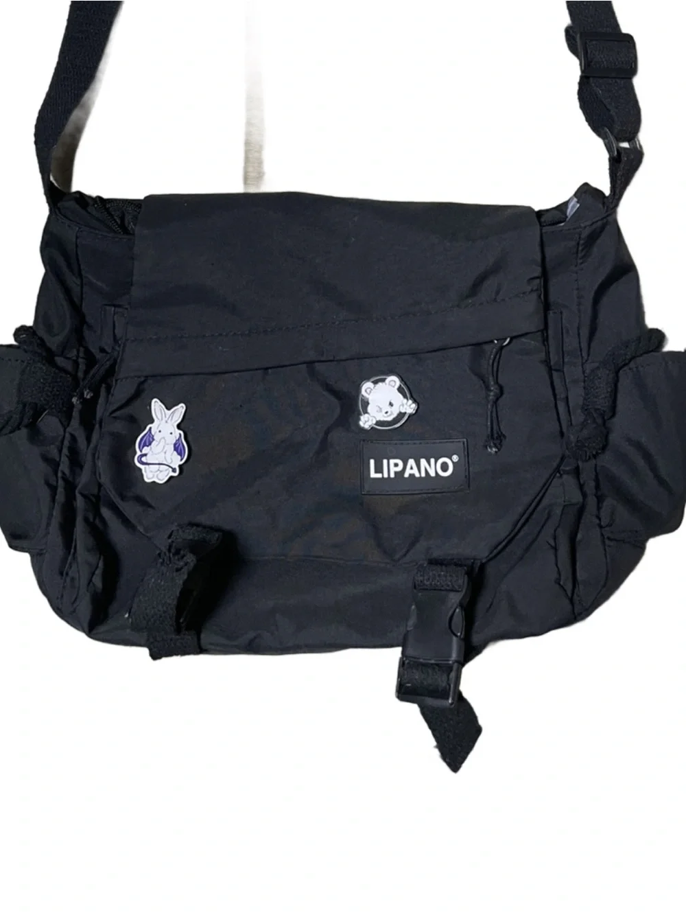 Lipano Black Nylon Adjustable Crossbody Messenger Bag w/Pins (Unisex)